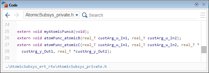 Code pane showing the declaration of the functions generated from the atomic subsystems in the generated header file AtomicSubsys_private.h.