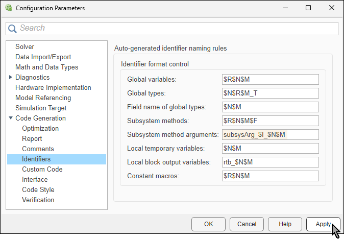 Configuration Parameters dialog box. The parameter Subsystem method arguments is being edited with the value subsysArg_$I_$N$M.