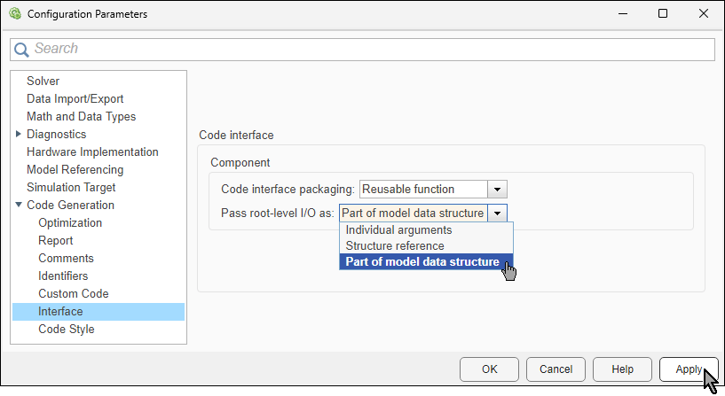 Configuration Parameters dialog box. The value Part of model data structure is selected from the Pass root-level I/O as list.