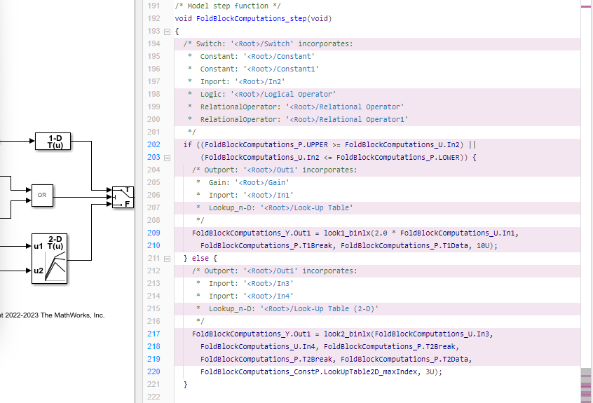 Code view to the right of the Simulink model showing some lines of code highlighted.