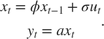 $$\begin{array}{*{20}{c}}
{{x_t} = \phi {x_{t - 1}} + \sigma {u_t}}\\
{{y_t} = a{x_t}}
\end{array}.$$