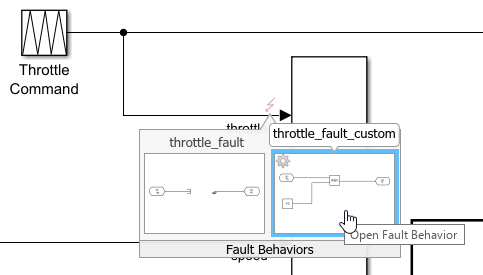 The cursor points to the fault badge on the throttle signal. The preview windows below the fault badge display two previews. One preview corresponds to the throttle_fault fault, and the other corresponds to the custom fault behavior. The custom fault behavior looks like the behavior that you just created.