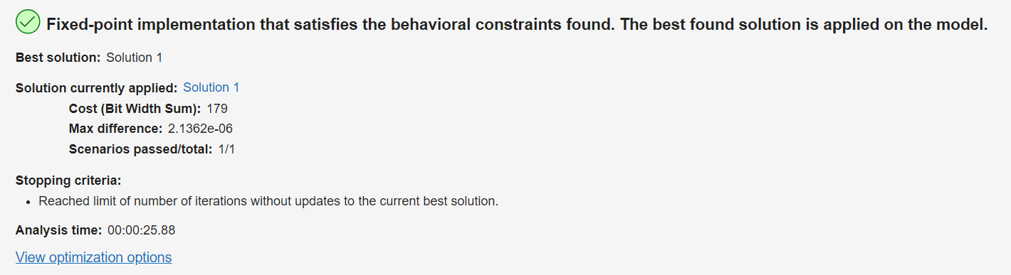 The Fixed-Point Tool displays the results of the optimization.