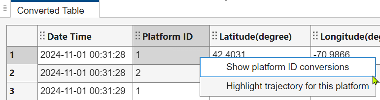 Converted Table context menu on Platform ID with highlight trajectory option