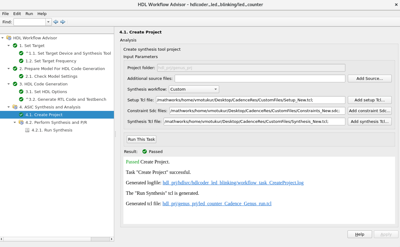 Create Project in HDL Workflow Advisor task to select custom synthesis workflow