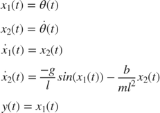 $$\begin{array}{l}
{x_1}(t) = \theta (t)\\
{x_2}(t) = \dot \theta (t)\\
{{\dot x}_1}(t) = {x_2}(t)\\
{{\dot x}_2}(t) = \frac{{ - g}}{l}sin({x_1}(t)) - \frac{b}{{m{l^2}}}{x_2}(t)\\
y(t) = {x_1}(t)
\end{array}$$