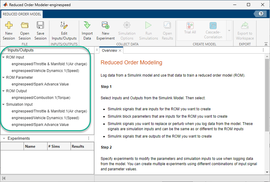 Inputs/Outputs pane in the Reduced Order Modeler app.