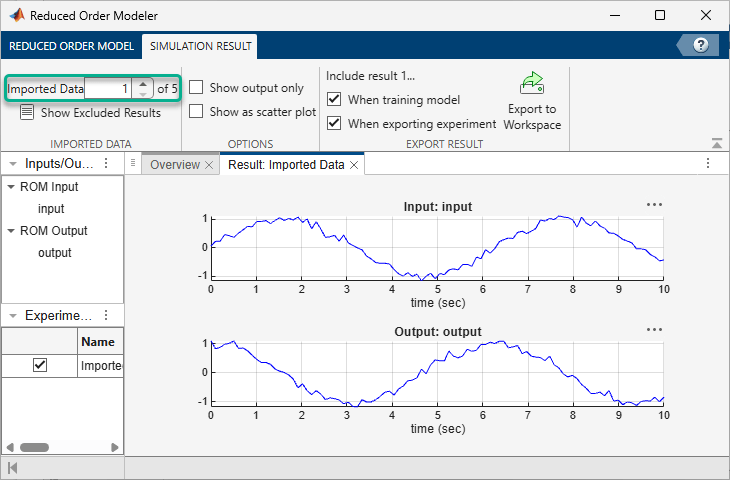 Reduced Order Modeler app highlighting the Imported Data menu on the Simulation Result tab.