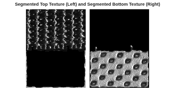 Figure contains an axes object. The hidden axes object with title Segmented Top Texture (Left) and Segmented Bottom Texture (Right) contains an object of type image.
