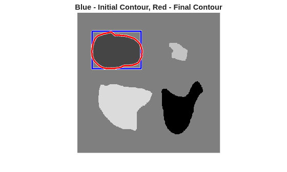 Figure contains an axes object. The hidden axes object with title Blue - Initial Contour, Red - Final Contour contains 5 objects of type line, image.