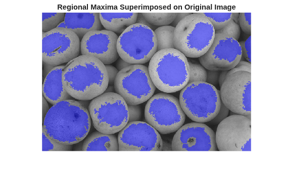 Figure contains an axes object. The hidden axes object with title Regional Maxima Superimposed on Original Image contains an object of type image.