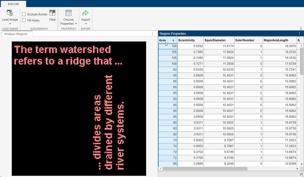 Rows in the table are sorted by area from largest to smallest. The app highlights all regions in the binary image in red.