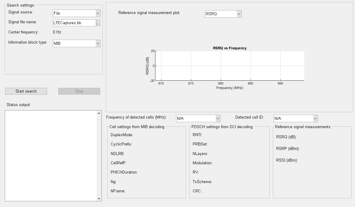 Figure Scan LTE Waveform contains an axes object and another object of type uigridcontainer. The axes object with title RSRQ vs Frequency, xlabel Frequency (MHz), ylabel RSRQ (dB) is empty.