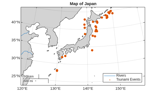 Figure contains an axes object with type mapaxes. The mapaxes object contains 2 objects of type line, point. These objects represent Rivers, Tsunami Events.
