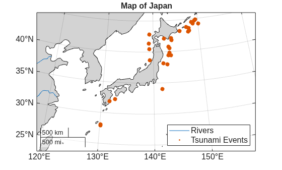 Figure contains an axes object with type mapaxes. The mapaxes object contains 2 objects of type line, point. These objects represent Rivers, Tsunami Events.