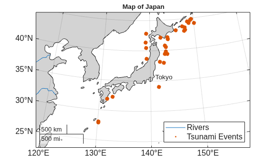 Figure contains an axes object with type mapaxes. The mapaxes object contains 3 objects of type line, point, text. These objects represent Rivers, Tsunami Events.