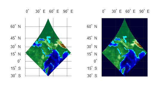 Figure contains 2 axes objects. Hidden axes object 1 with title Geolocated Data Array contains 14 objects of type surface, line, text. Hidden axes object 2 with title Regular Data Grid contains 14 objects of type surface, line, text.