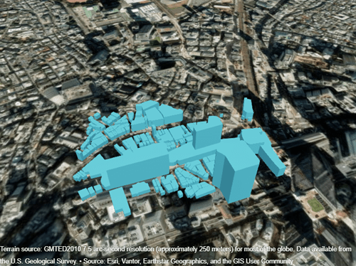 Blue buildings displayed over satellite imagery