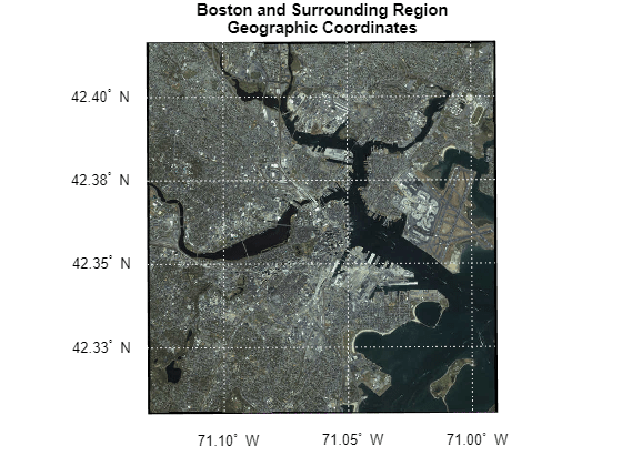 Figure contains an axes object. The hidden axes object with title Boston and Surrounding Region Geographic Coordinates contains 10 objects of type surface, line, text.