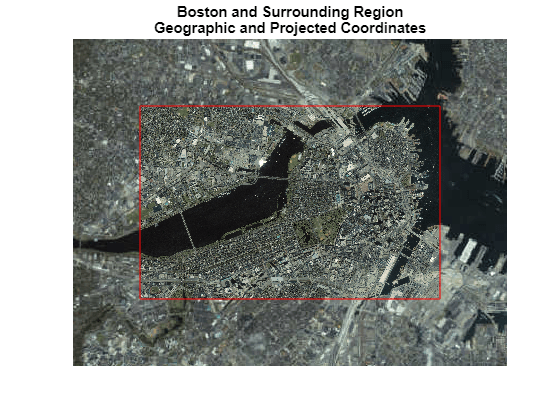 Figure contains an axes object. The hidden axes object with title Boston and Surrounding Region Geographic and Projected Coordinates contains 11 objects of type patch, surface, image, line, text.