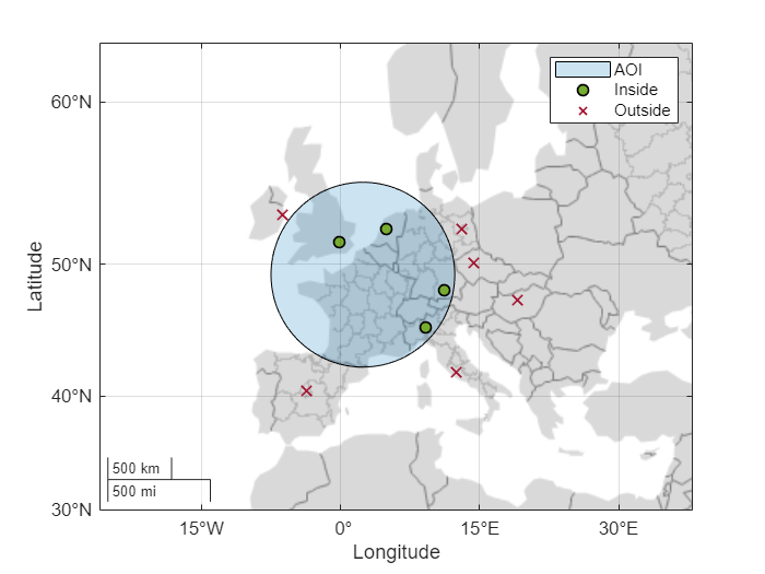 Figure contains an axes object with type geoaxes. The geoaxes object contains 3 objects of type polygon, point. These objects represent AOI, Inside, Outside.