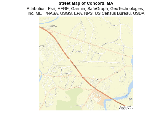 Figure contains an axes object. The axes object with title Street Map of Concord, MA contains an object of type image.