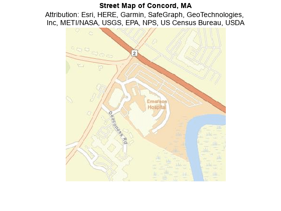 Figure contains an axes object. The axes object with title Street Map of Concord, MA contains an object of type image.