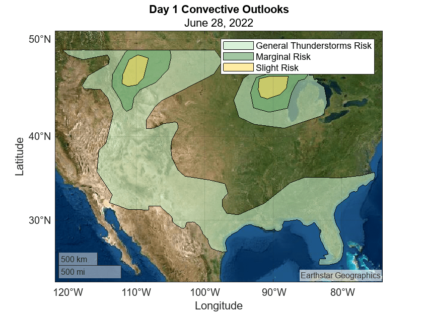 Figure contains an axes object. The axes object contains 3 objects of type polygon. These objects represent General Thunderstorms Risk, Marginal Risk, Slight Risk.