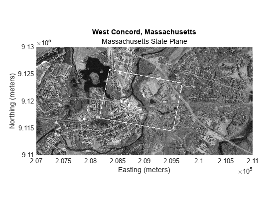 Figure contains an axes object. The axes object with title West Concord, Massachusetts, xlabel Easting (meters), ylabel Northing (meters) contains 2 objects of type image, line.