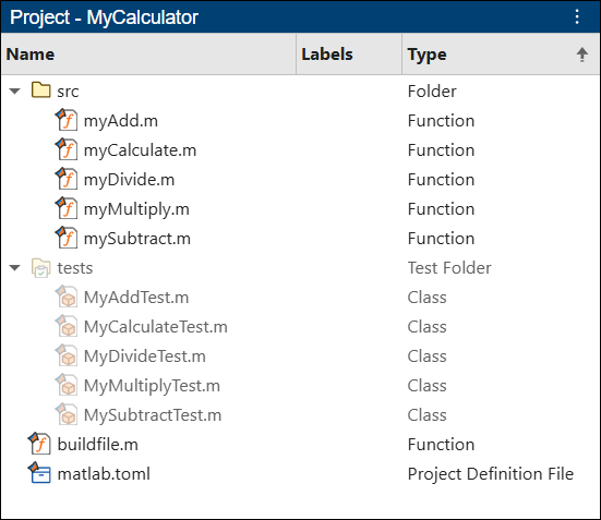 Project panel including the contents of the MyCalculator project. The project contains source files in the src folder, test files in tests folder, a build file, and a matlab.toml project definition file.