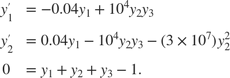 $$\begin{array}{cl} y'_1 &= -0.04y_1 + 10^4 y_2y_3\\ y'_2 &= 0.04y_1 -
10^4 y_2y_3-(3 \times 10^7)y_2^2\\ 0 &= y_1 + y_2 + y_3 - 1.\end{array}$$