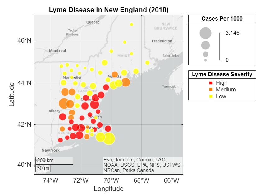 Figure contains an object of type geobubble. The chart of type geobubble has title Lyme Disease in New England (2010).