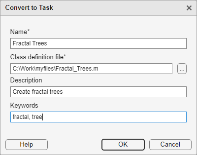 Convert to Task dialog box showing the task name as "Fractal Trees", the task class definition file to create as "C:\Work\myfiles\Fractal_Trees.m", the description as "Create fractal trees", and the keywords as "fractal" and "tree"