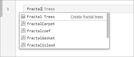 Live script with a code line containing the text "fractal" and a list of suggestions including the Fractal Trees task