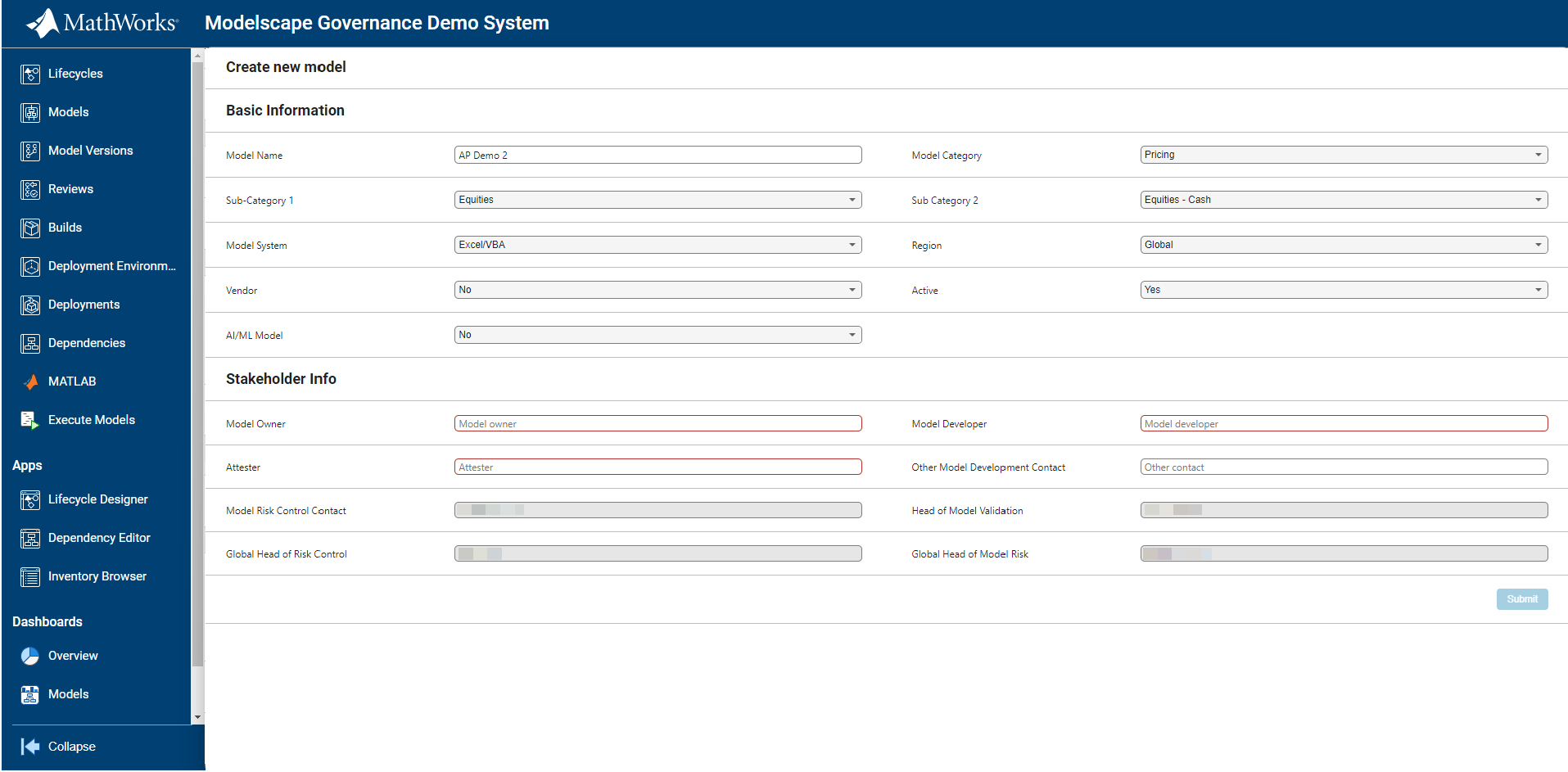 Example page for creating a new model