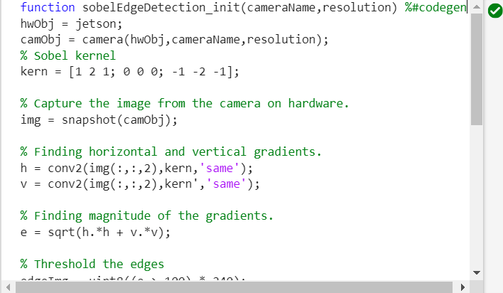 MATLAB Editor showing sobelEdgeDetection_init with the %#codegen pragma