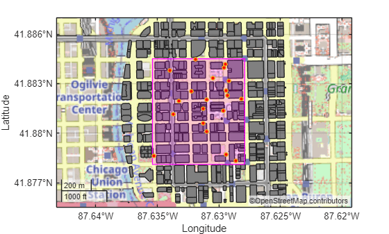 Figure contains an axes object with type geoaxes. The geoaxes object contains 3 objects of type polygon, point.