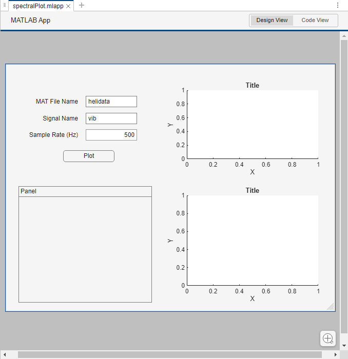 Design view of the app with UI components drawn in App Designer.