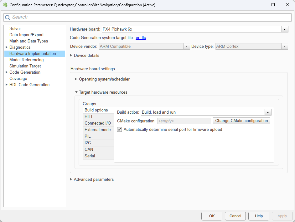 Hardware Implementation tab of the quadcopterPositionController.slx model settings, which shows the Hardware board, and Build action parameters.