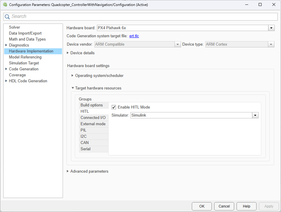 Hardware Implementation tab of the quadcopterPositionController.slx model settings, which shows the HITL settings.