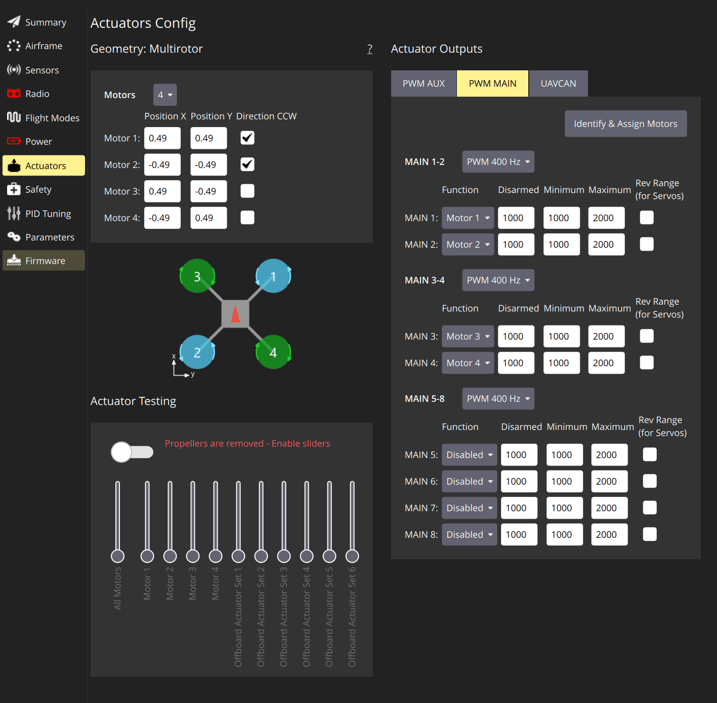 Actuator configuration menu of the QGroundControl app