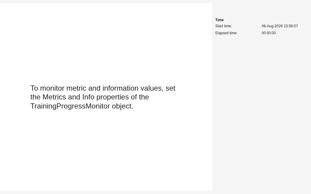 Training progress monitor window in its initial empty state, prompting the user to set Metrics and Info properties