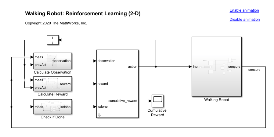 Simulink model with blocks for calculating observations, reward, and episode termination, connected to the RL Agent and Walking Robot subsystem