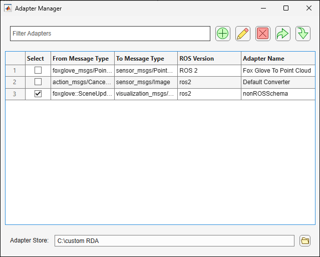 Adapter Manager showing non-ROS schema message converted for visualization