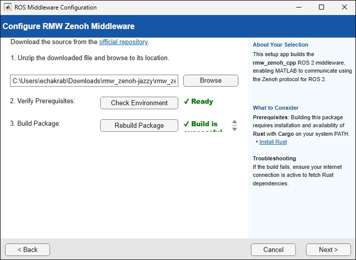 RMW Zenoh package building in ROS Toolbox