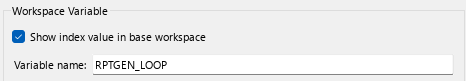 The Workspace Variable section in the Report Explorer after selecting the For Loop component. The Variable name property is set to RPTGEN_LOOP.