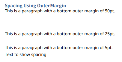 Illustration showing three paragraphs with increasing bottom spacing values: 50 pt, 25 pt, and 5 pt.