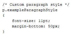 Template snippet defining a custom paragraph style named exampleParagraphStyle with 11 pt font size and a 50 px bottom margin.