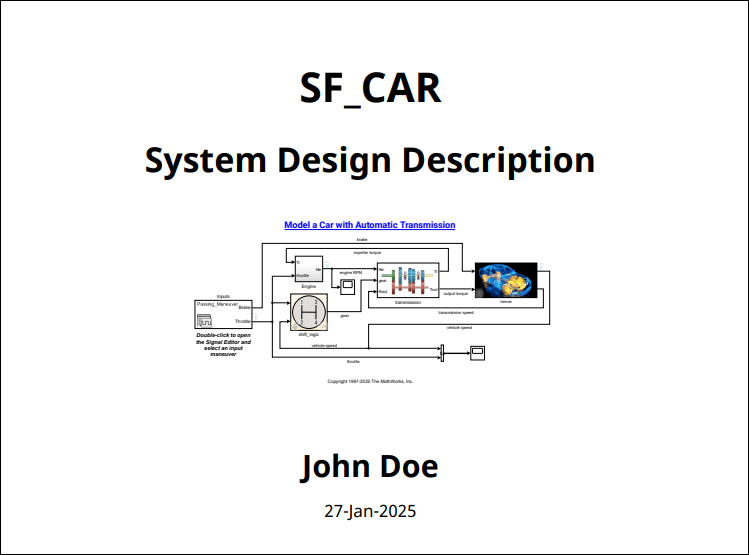 Snippet of report showing the title page that contains the model name, "System Design Description", a snapshot of the model, the author name, and the report creation date.