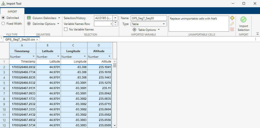 The Import Tool, with data from an imported CSV file.